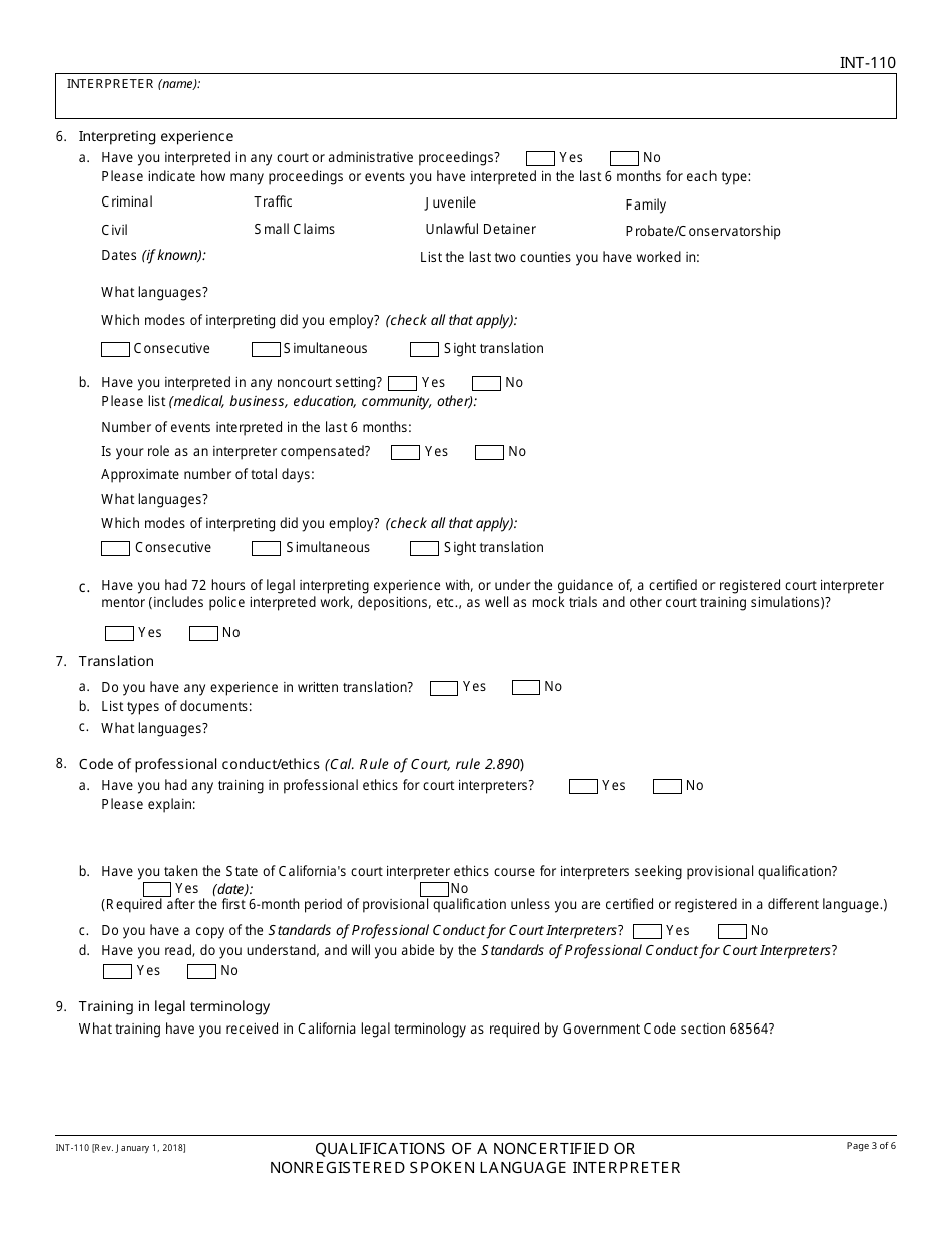 Form INT-110 Qualifications of a Noncertified or Nonregistered Spoken Language Interpreter - California, Page 3
