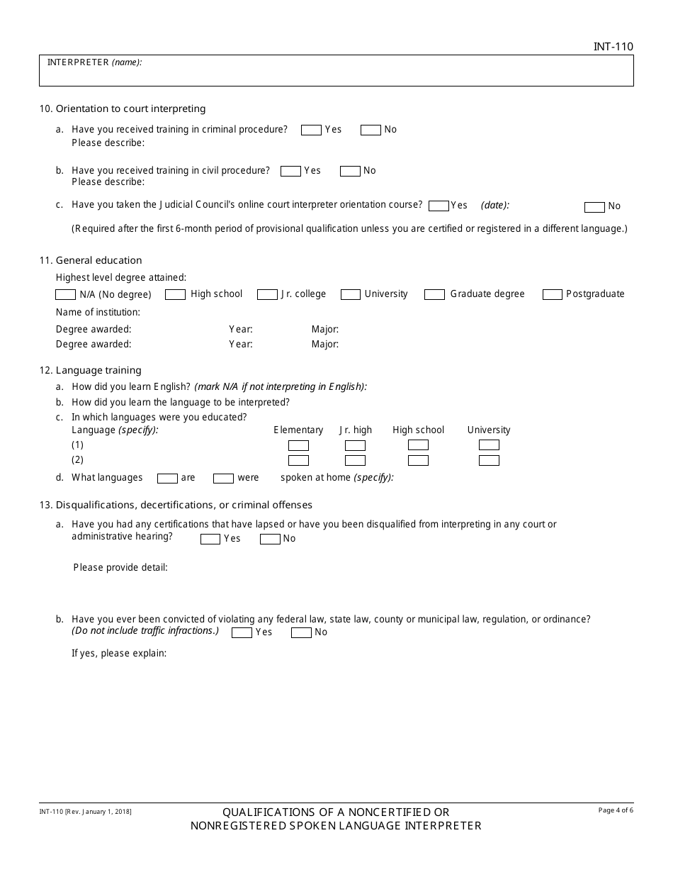 Form INT-110 Qualifications of a Noncertified or Nonregistered Spoken Language Interpreter - California, Page 4