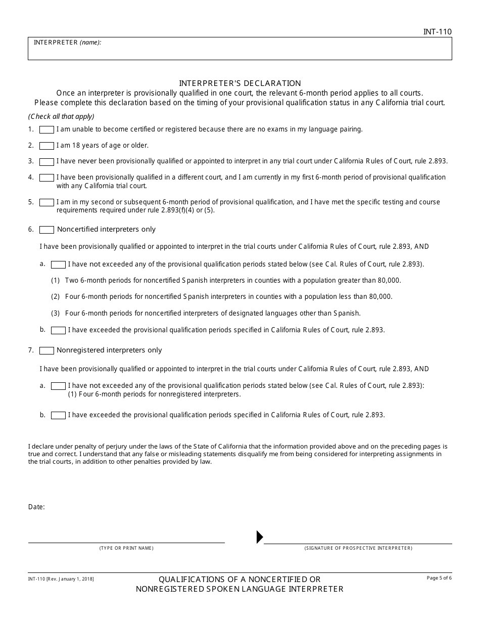 Form INT-110 Qualifications of a Noncertified or Nonregistered Spoken Language Interpreter - California, Page 5