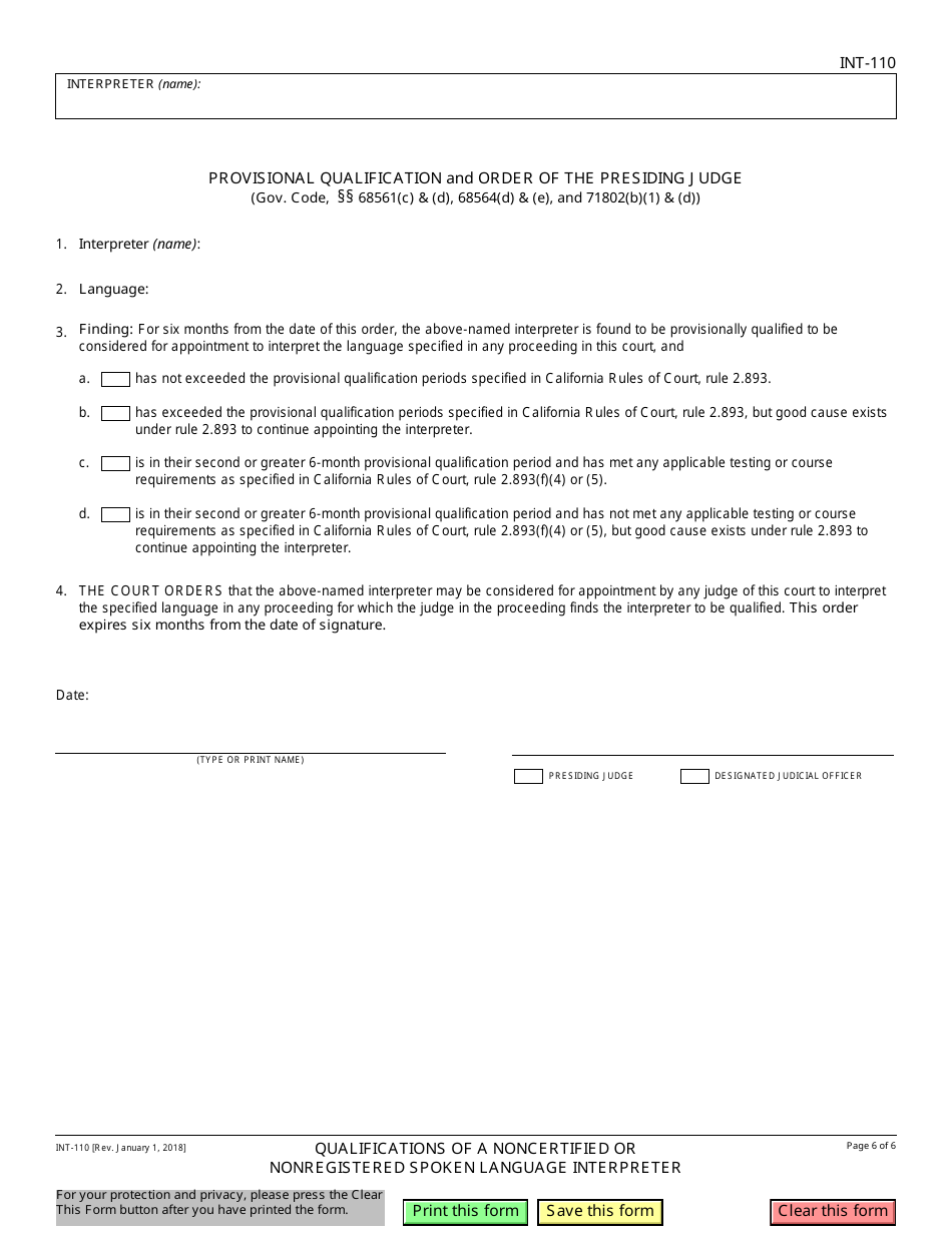 Form INT-110 Qualifications of a Noncertified or Nonregistered Spoken Language Interpreter - California, Page 6