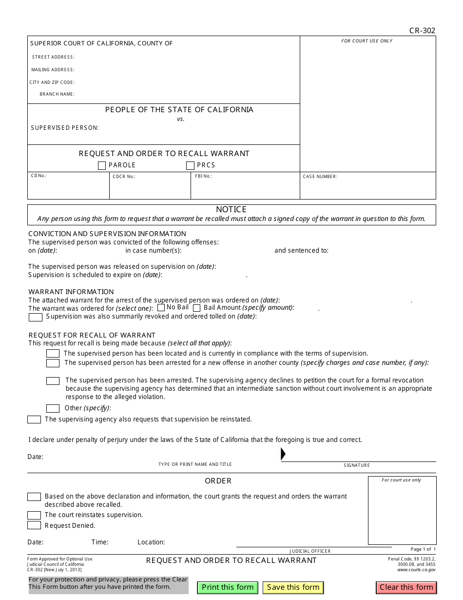 Form CR-302 Request and Order to Recall Warrant - California, Page 1