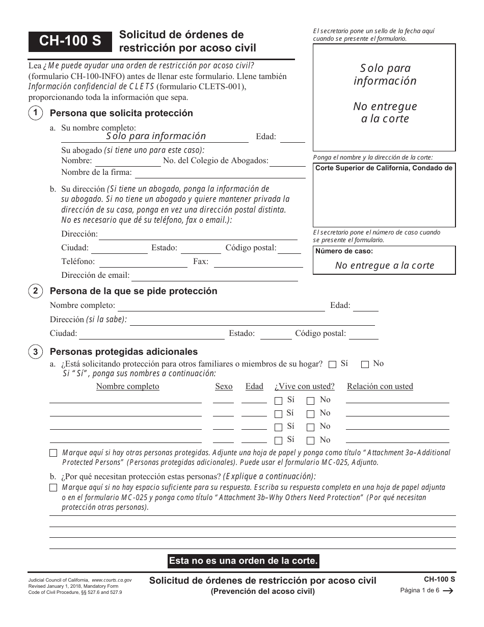 Formulario CH-100 S Solicitud De Ordenes De Restriccion Por Acoso Civil - California (Spanish), Page 1