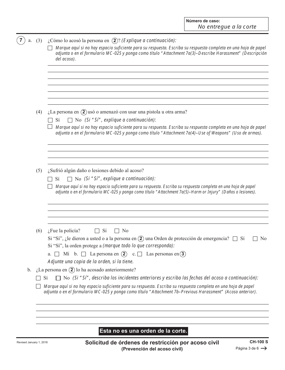 Formulario CH-100 S Solicitud De Ordenes De Restriccion Por Acoso Civil - California (Spanish), Page 3