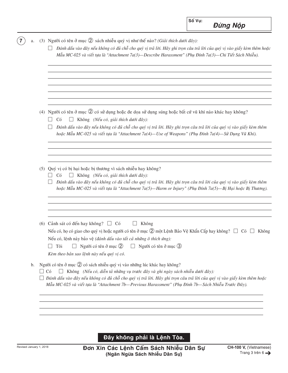 Form CH-100 V Request for Civil Harassment Restraining Orders - California (Vietnamese), Page 3