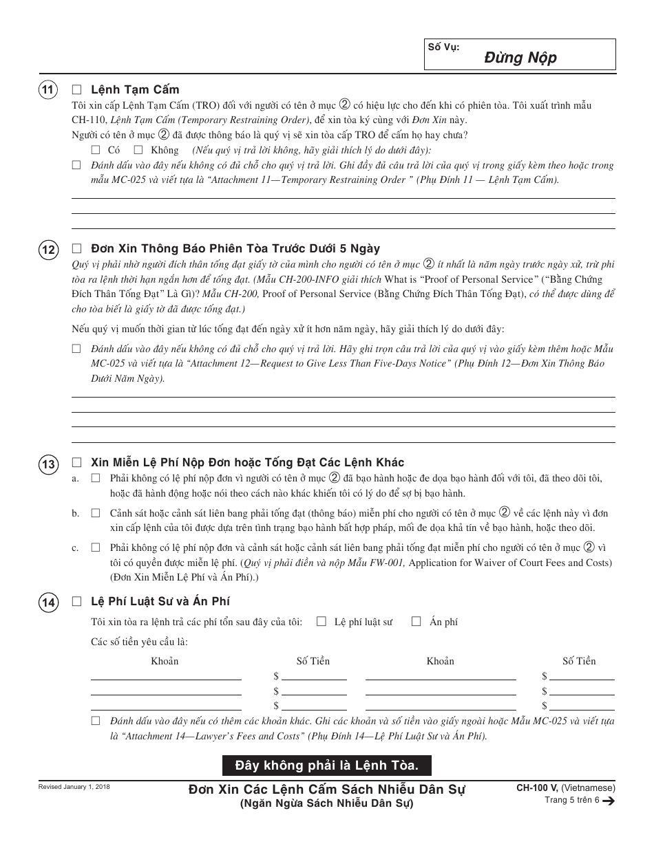 Form CH-100 V Request for Civil Harassment Restraining Orders - California (Vietnamese), Page 5