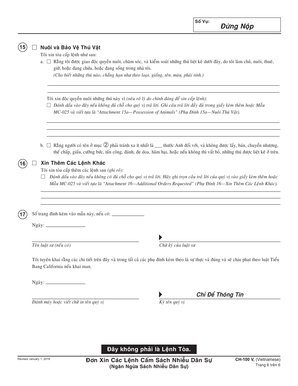 Form CH-100 V Request for Civil Harassment Restraining Orders - California (Vietnamese), Page 6