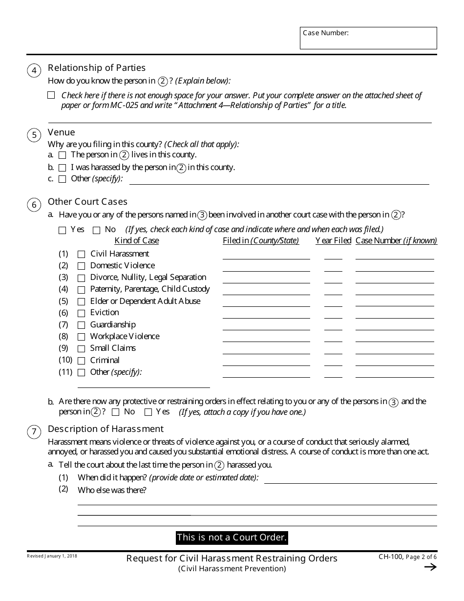 Form CH-100 Request for Civil Harassment Restraining Orders - California, Page 2