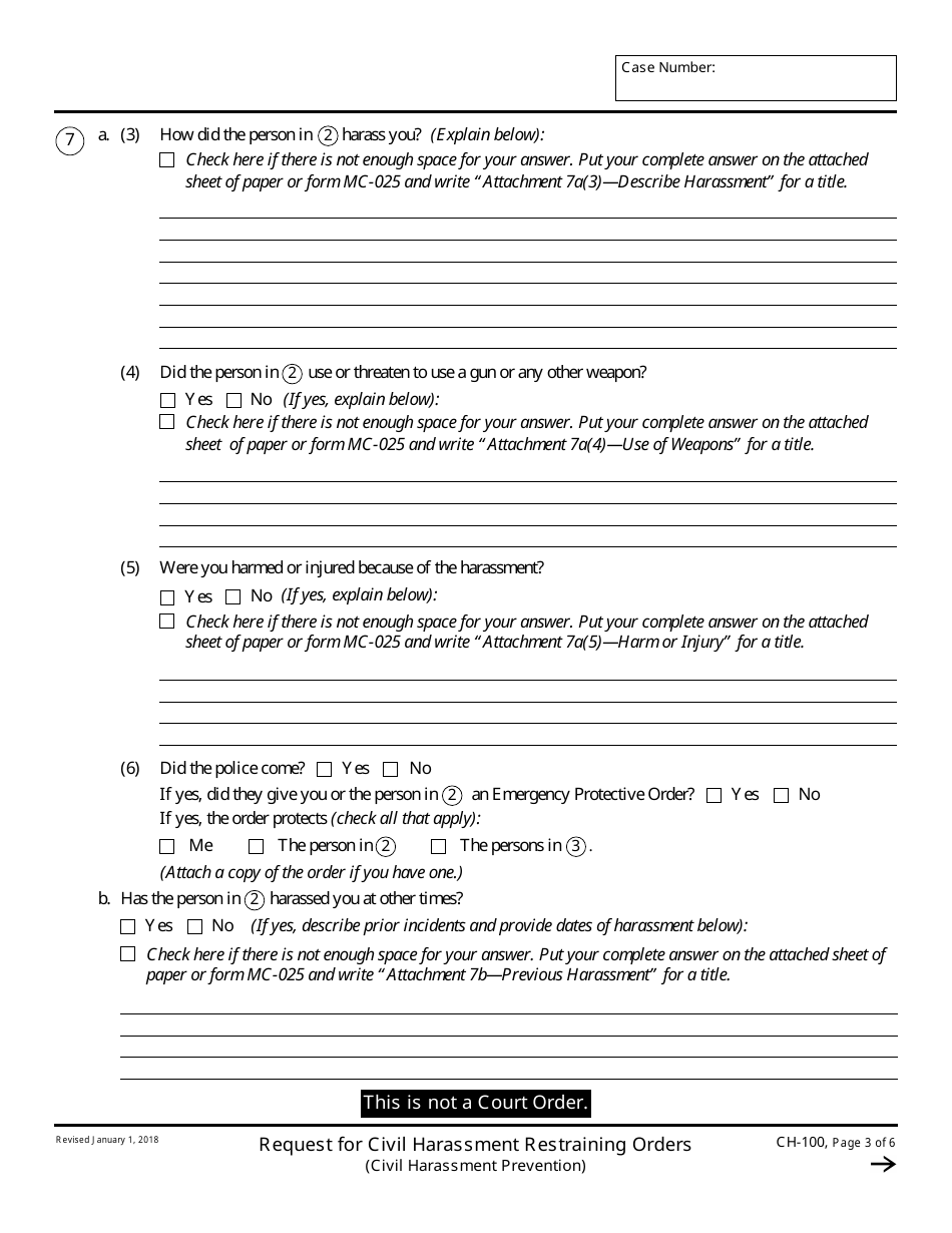 Form CH-100 Request for Civil Harassment Restraining Orders - California, Page 3