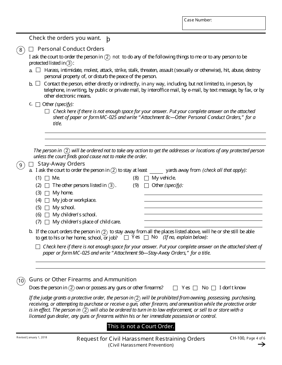 Form CH-100 Request for Civil Harassment Restraining Orders - California, Page 4