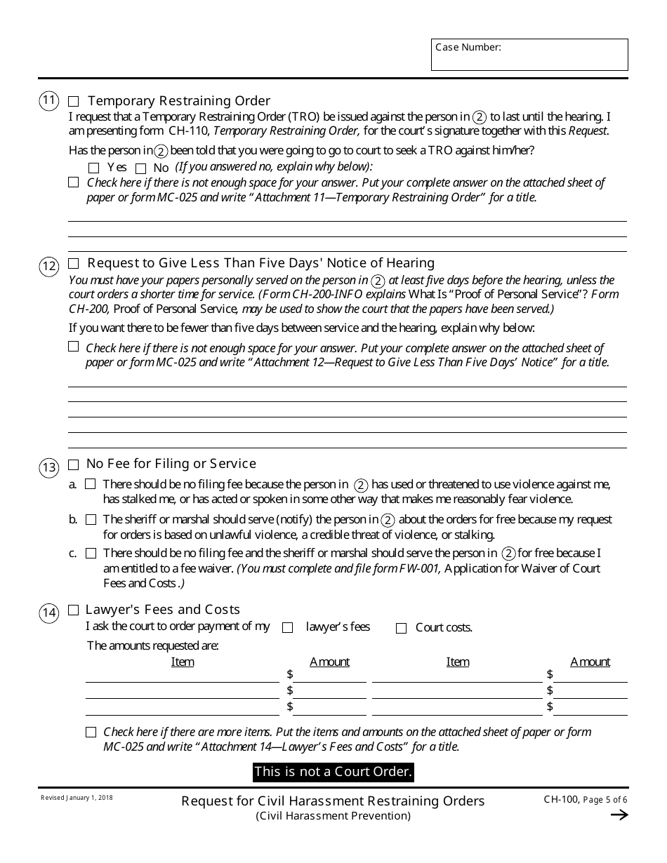 Form CH-100 Request for Civil Harassment Restraining Orders - California, Page 5