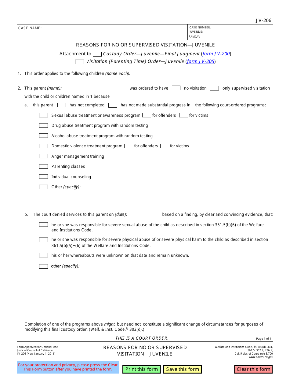 Form JV-206 Reasons for No or Supervised Visitation  Juvenile - California, Page 1