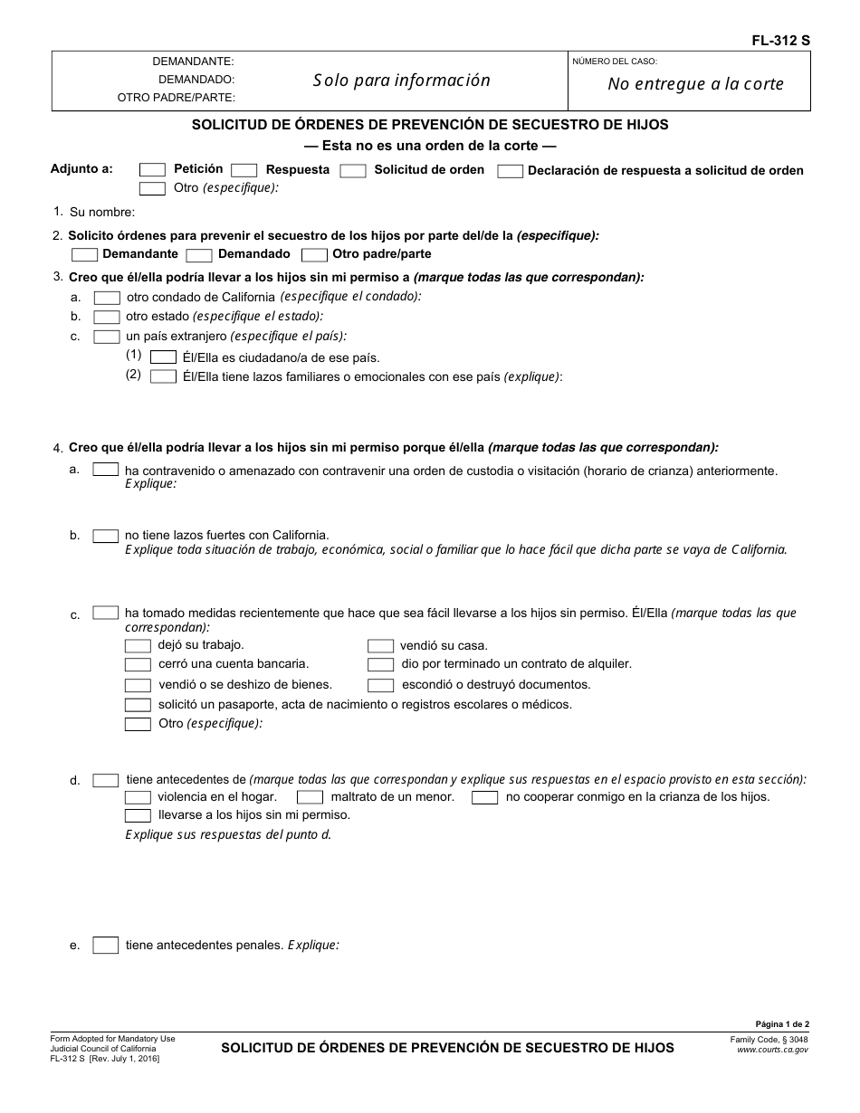 Formulario FL-312 S Solicitud De Ordenes De Prevencion De Secuestro De Hijos - California (Spanish), Page 1