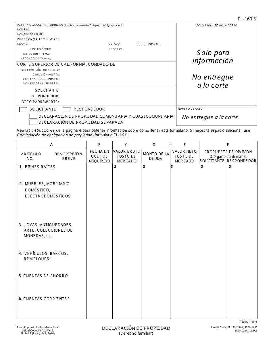 Formulario FL-160 S Declaracion De Propiedad - California (Spanish), Page 1