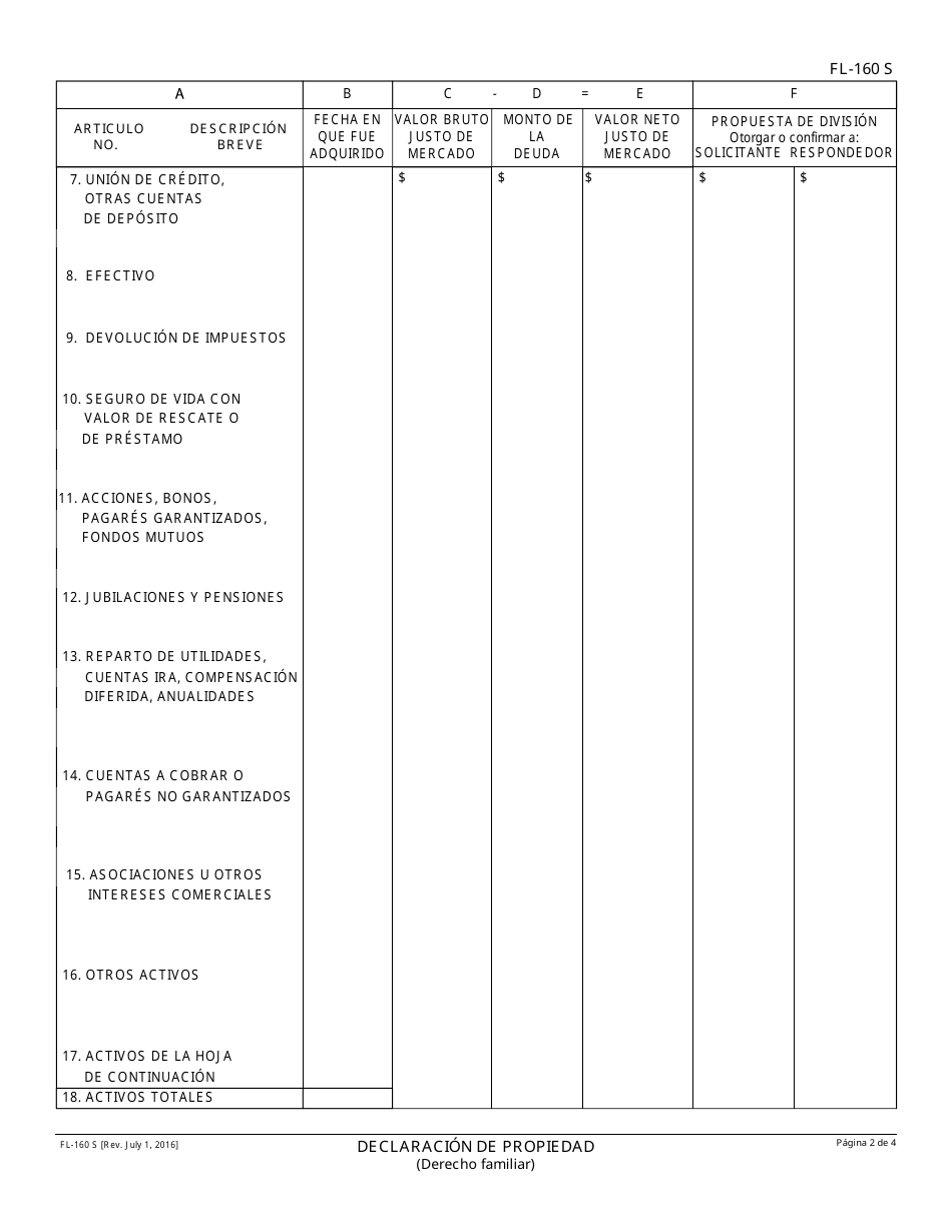 Formulario FL-160 S Declaracion De Propiedad - California (Spanish), Page 2