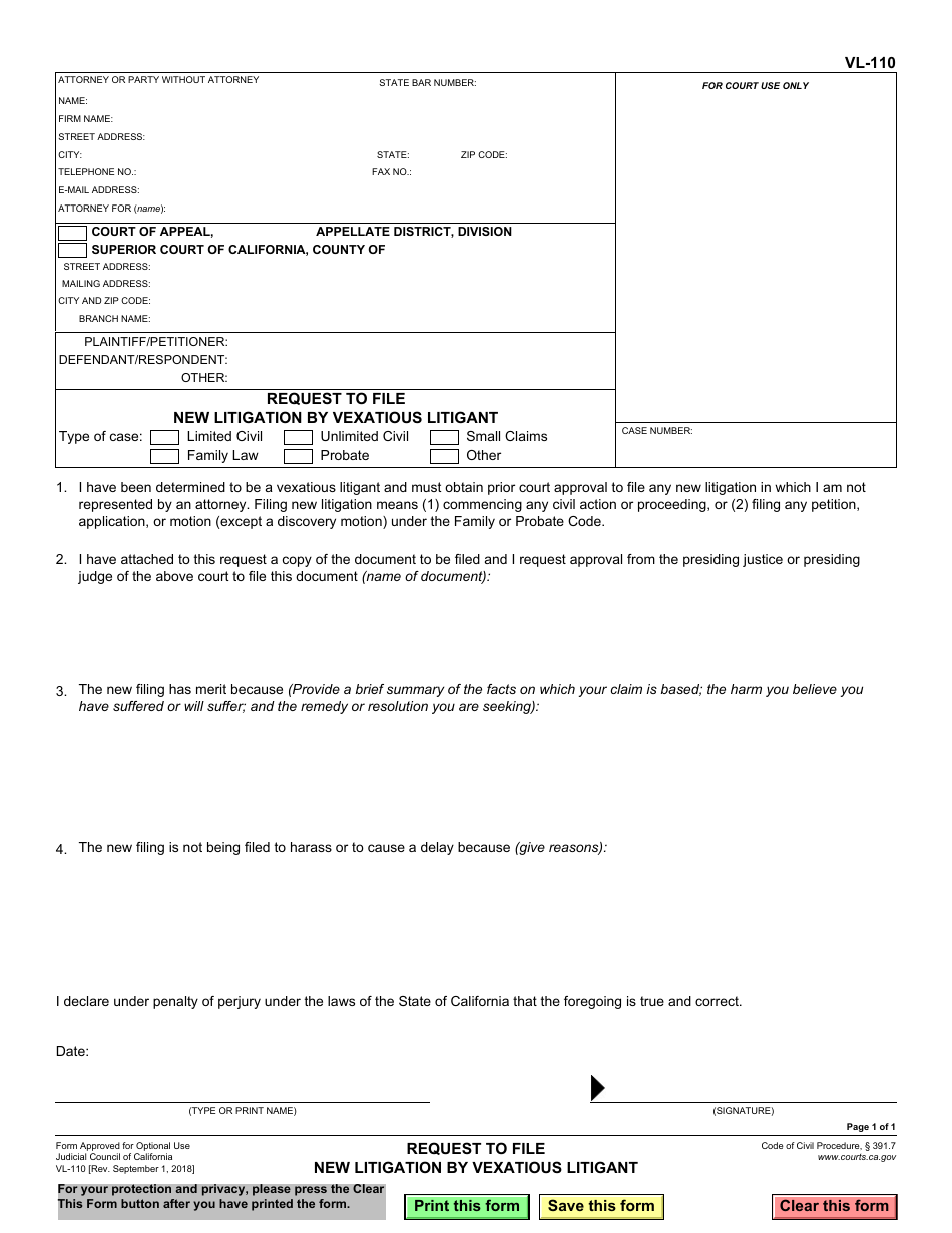 Form VL-110 Request to File New Litigation by Vexatious Litigant - California, Page 1