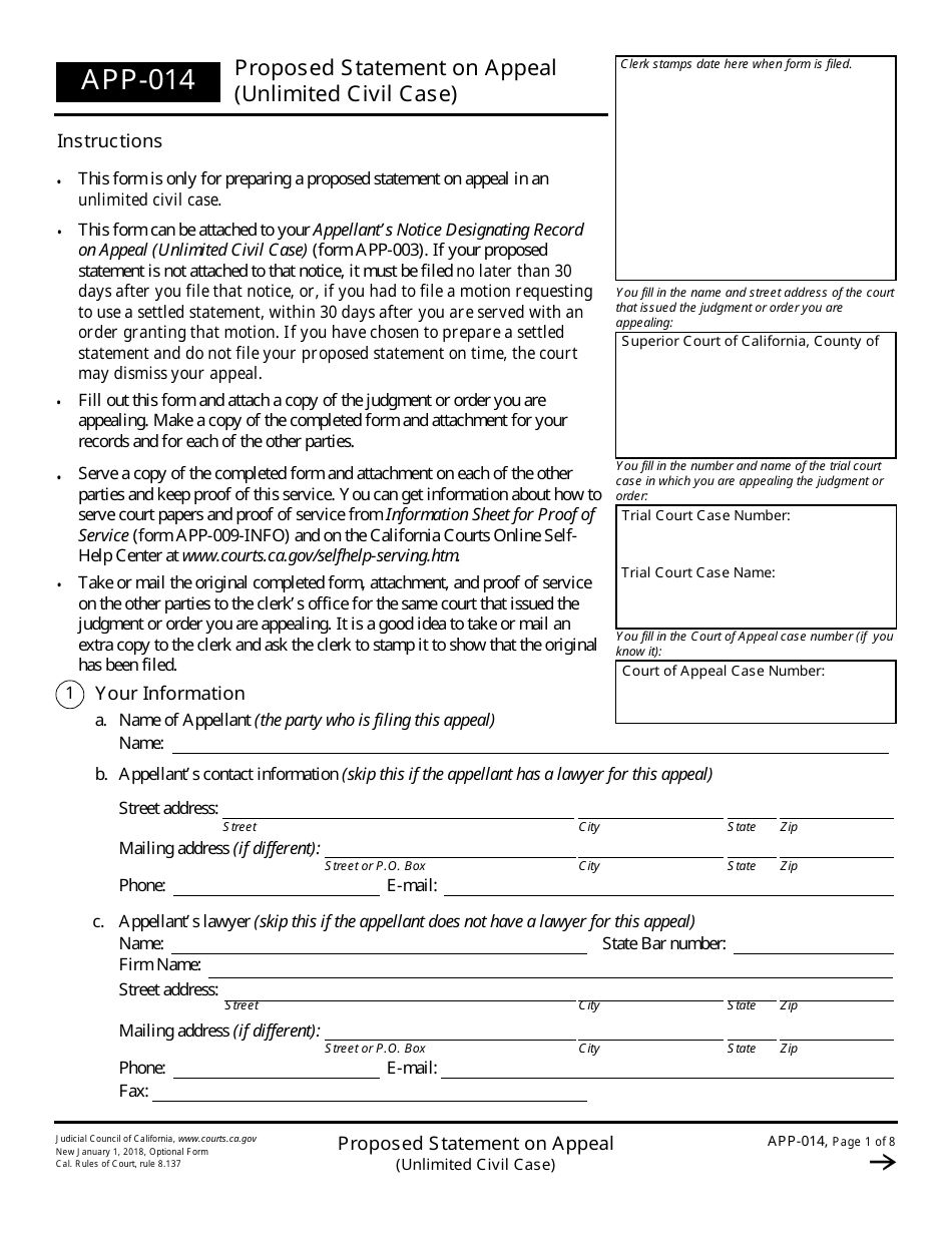 Form APP-014 Proposed Statement on Appeal (Unlimited Civil Case) - California, Page 1