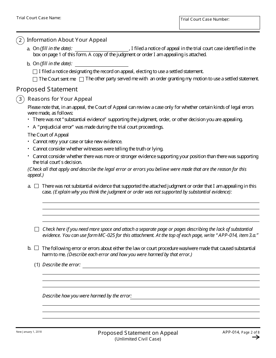 Form APP-014 Proposed Statement on Appeal (Unlimited Civil Case) - California, Page 2