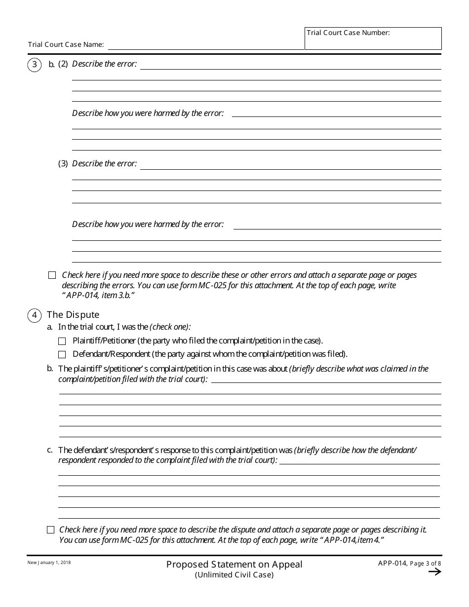 Form APP-014 Proposed Statement on Appeal (Unlimited Civil Case) - California, Page 3