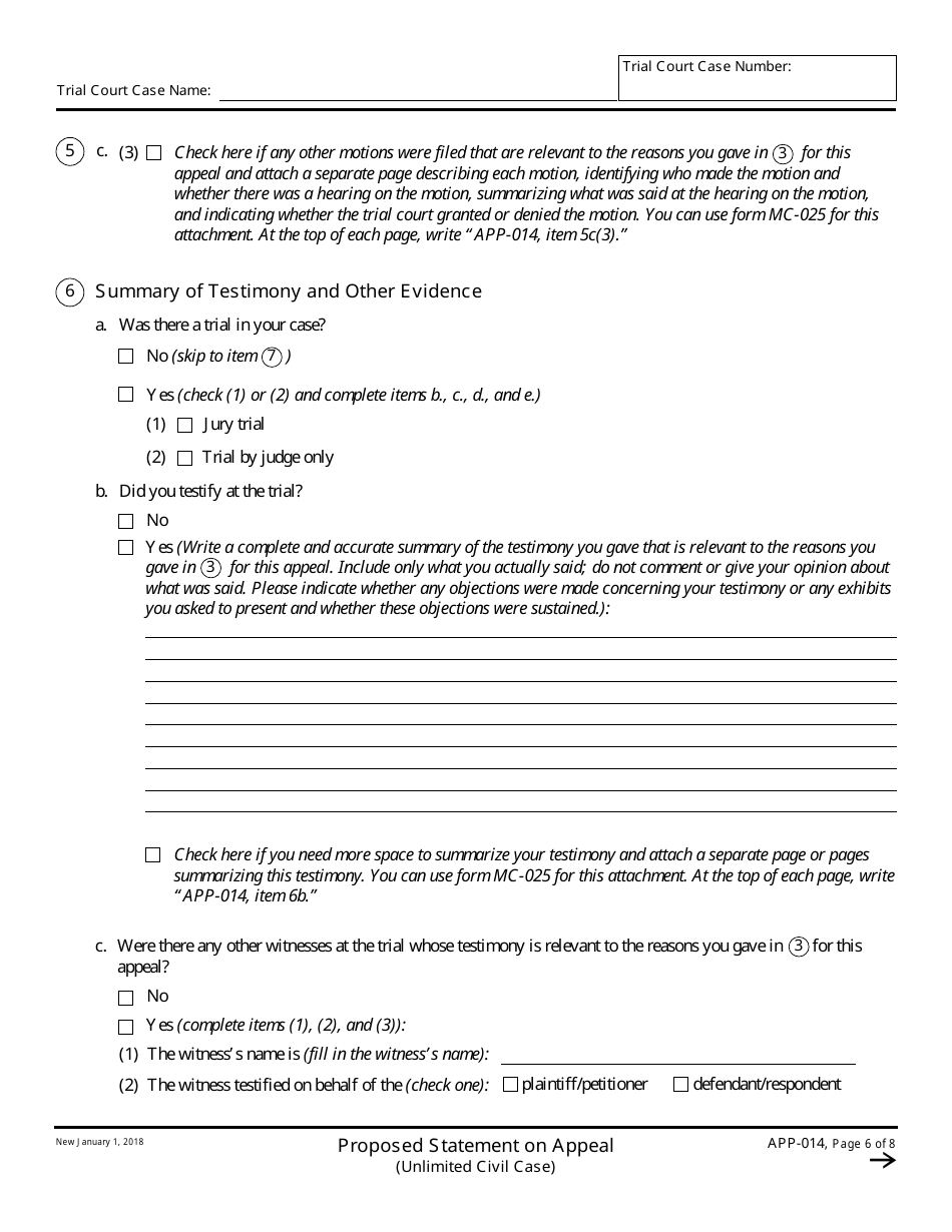 Form APP-014 Proposed Statement on Appeal (Unlimited Civil Case) - California, Page 6