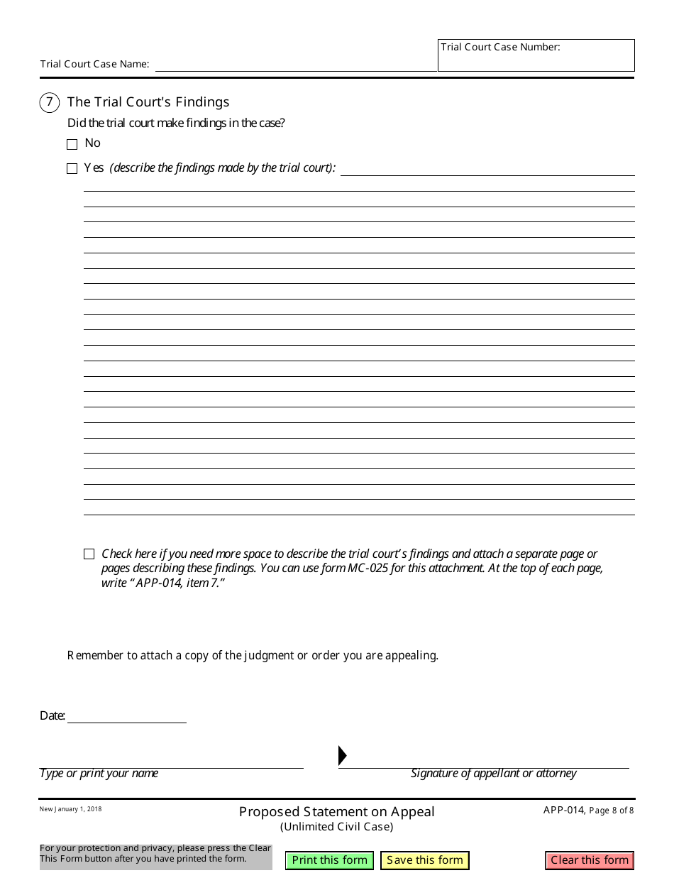 Form APP-014 Proposed Statement on Appeal (Unlimited Civil Case) - California, Page 8
