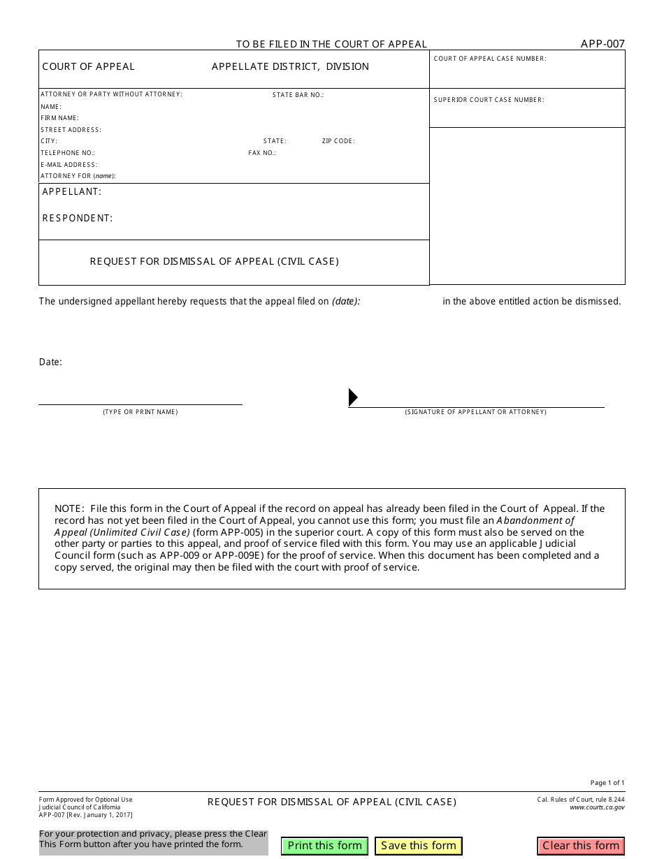 Form APP-007 Request for Dismissal of Appeal (Civil Case) - California, Page 1