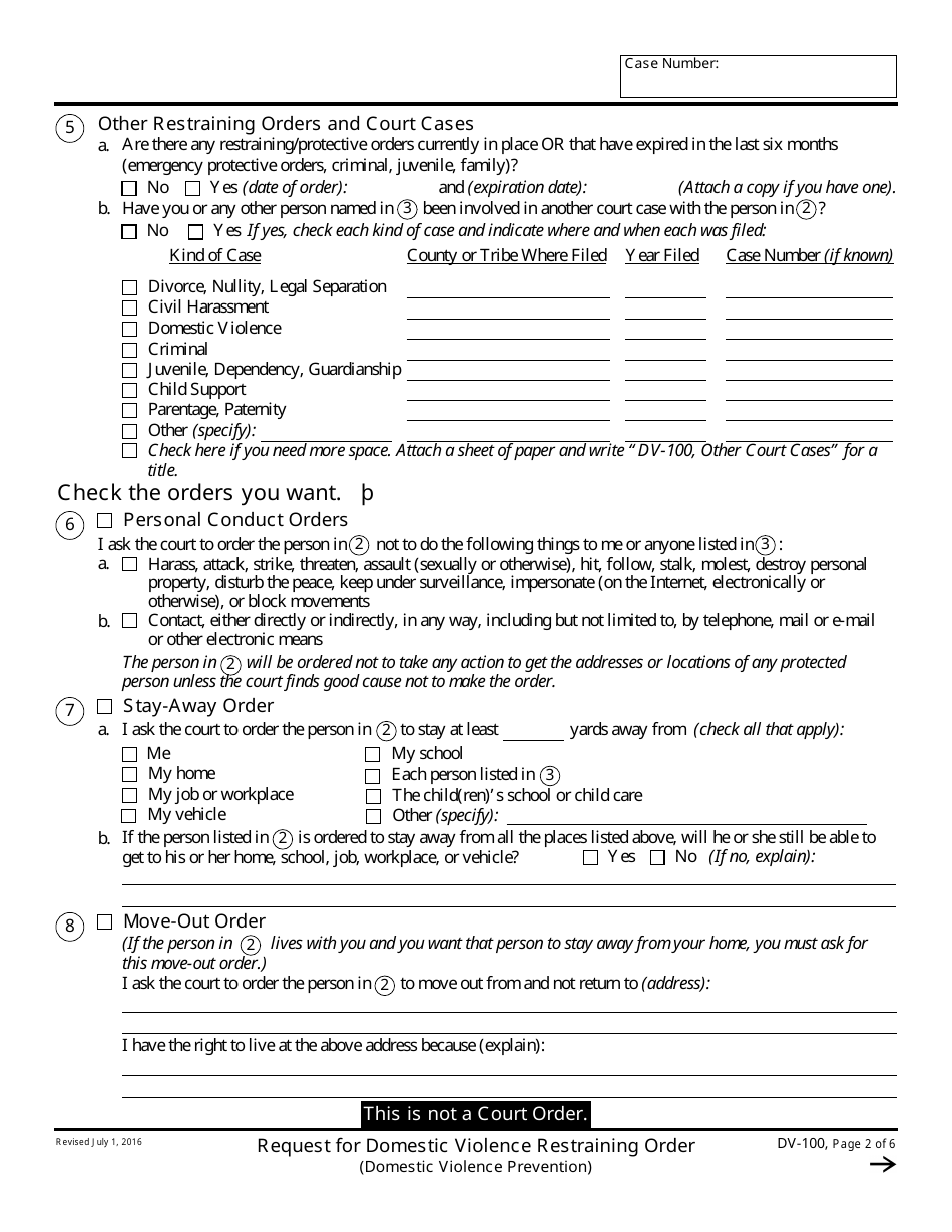 Form DV-100 Request for Domestic Violence Restraining Order - California, Page 2