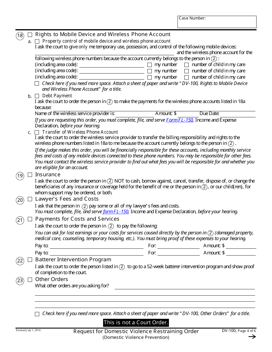 Form DV-100 Request for Domestic Violence Restraining Order - California, Page 4