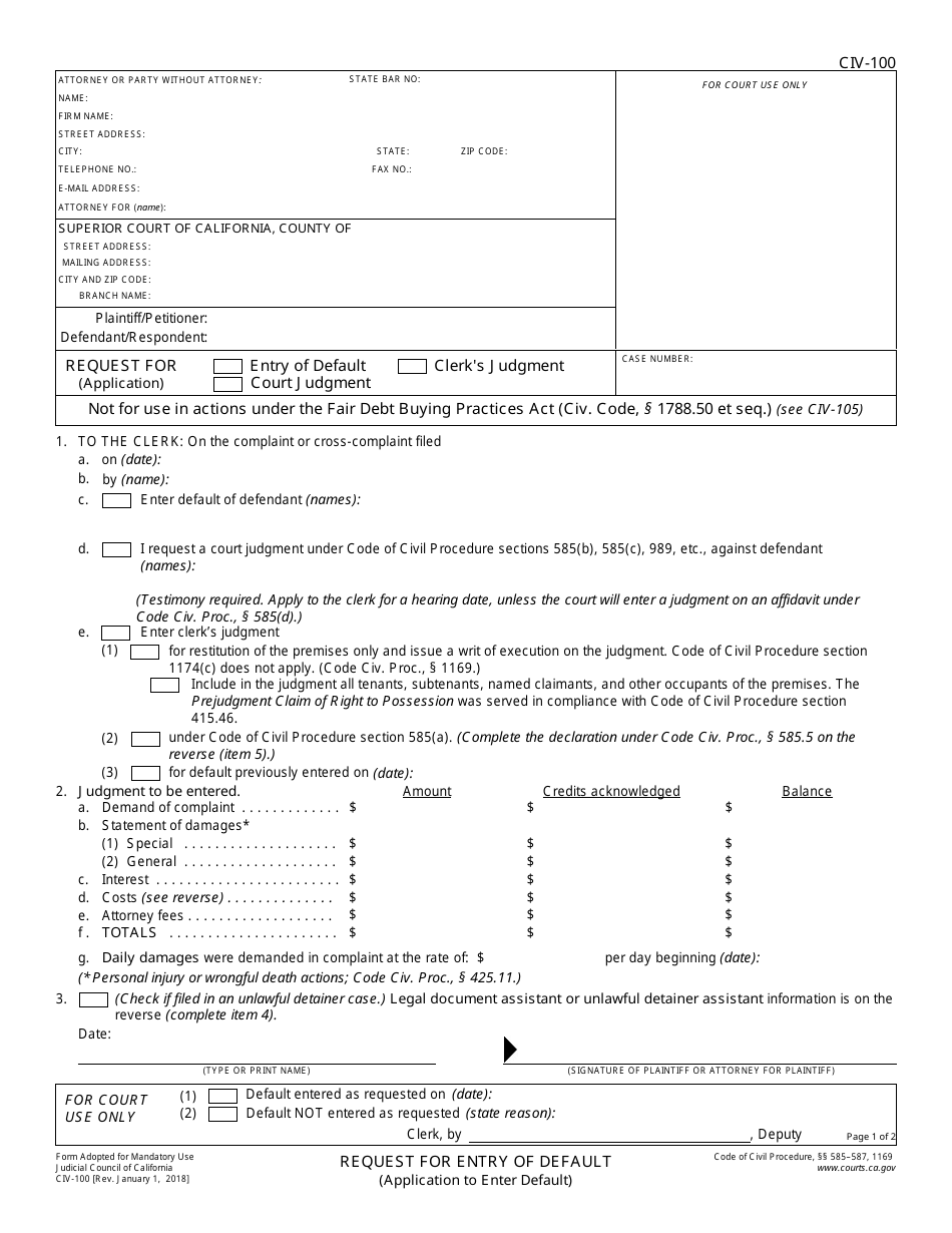 Form CIV-100 Request for Entry of Default (Application to Enter Default) - California, Page 1