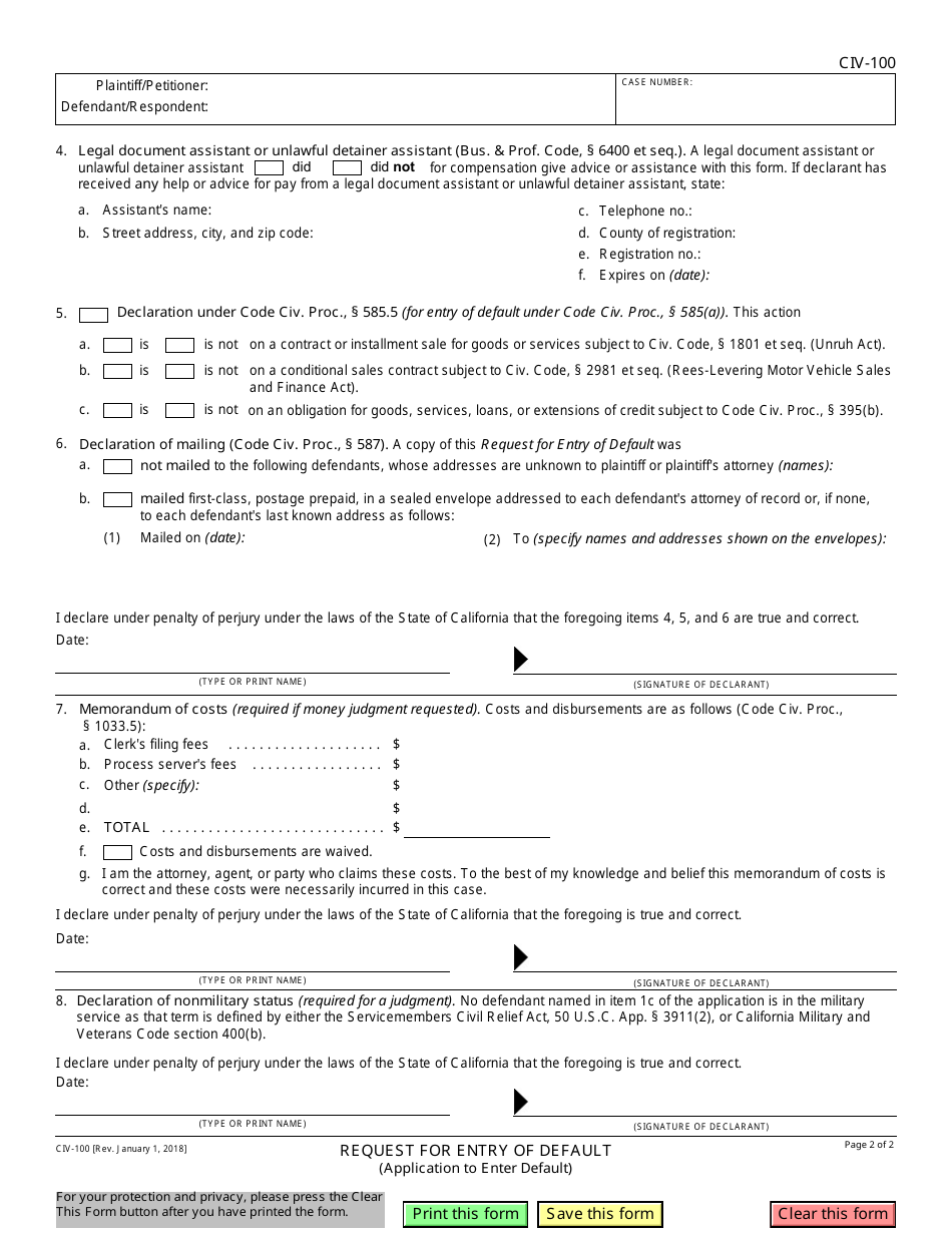 Form CIV-100 Request for Entry of Default (Application to Enter Default) - California, Page 2