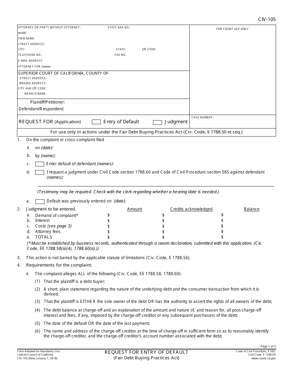 Form CIV-105 Request for Entry of Default (Fair Debt Buying Practices Act) - California, Page 1