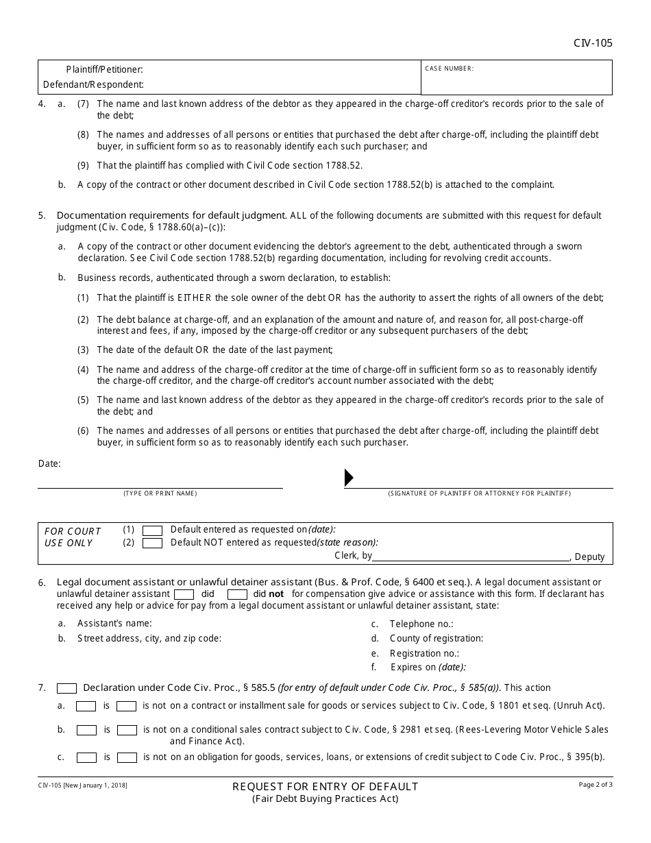 Form CIV-105 Request for Entry of Default (Fair Debt Buying Practices Act) - California, Page 2