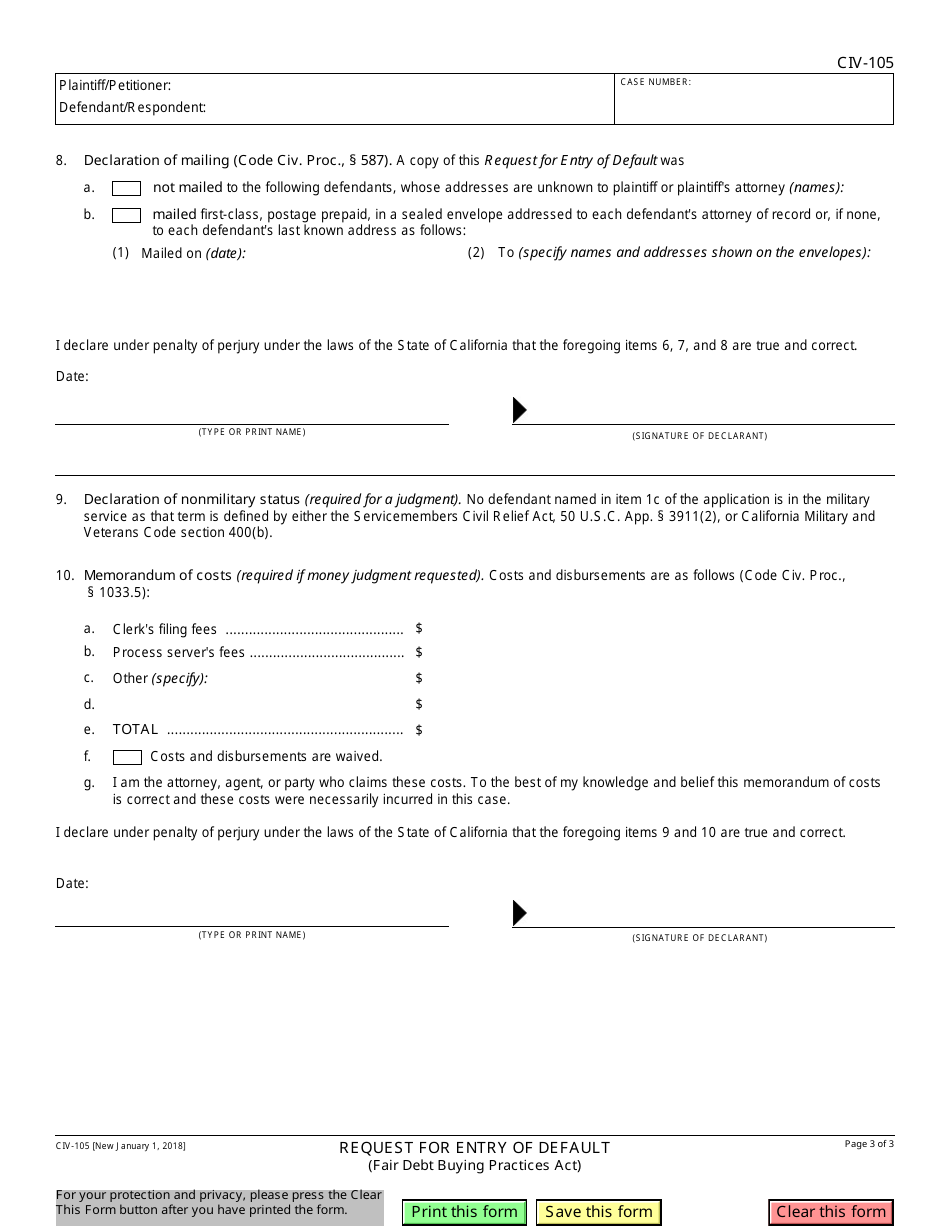 Form CIV-105 Request for Entry of Default (Fair Debt Buying Practices Act) - California, Page 3