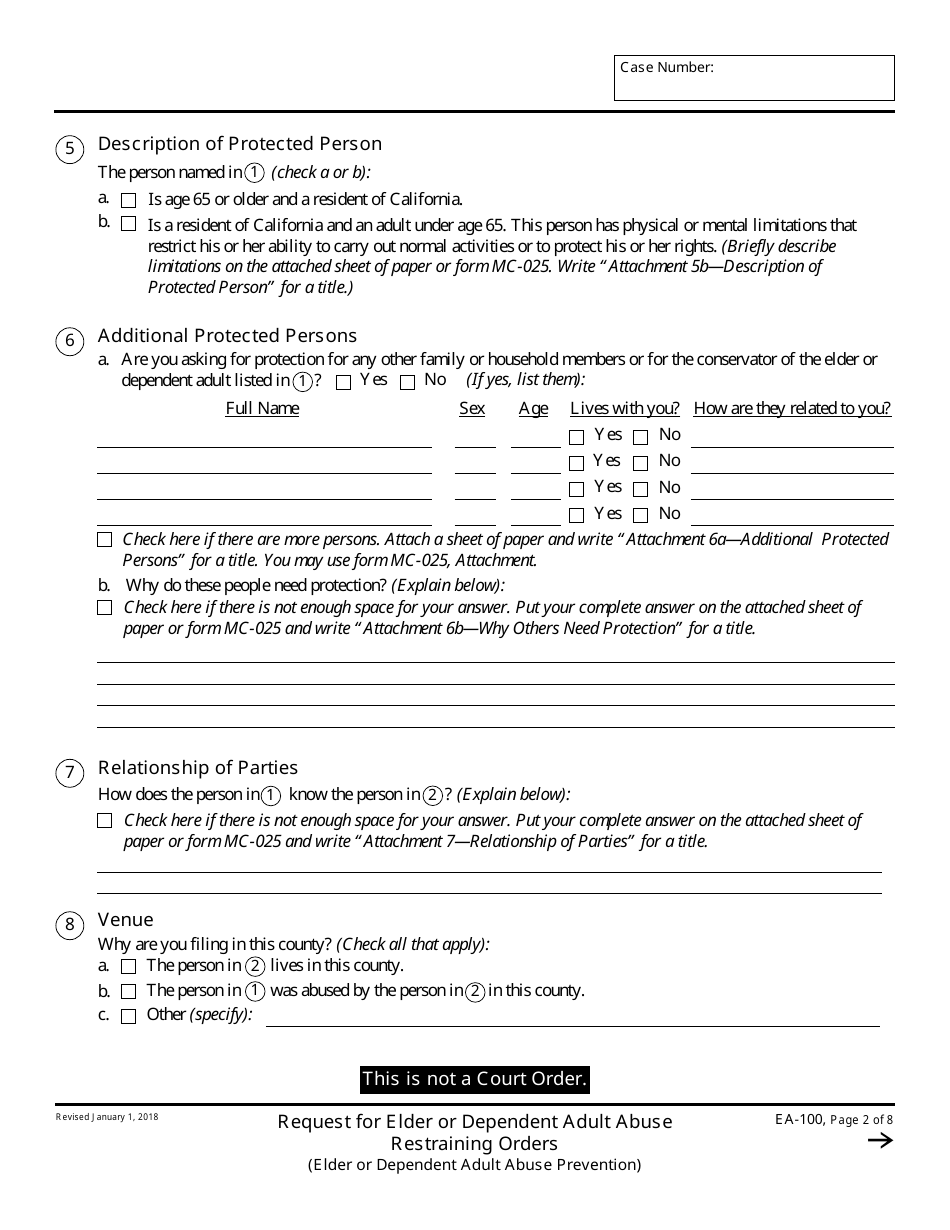 Form EA-100 Request for Elder or Dependent Adult Abuse Restraining Orders - California, Page 2