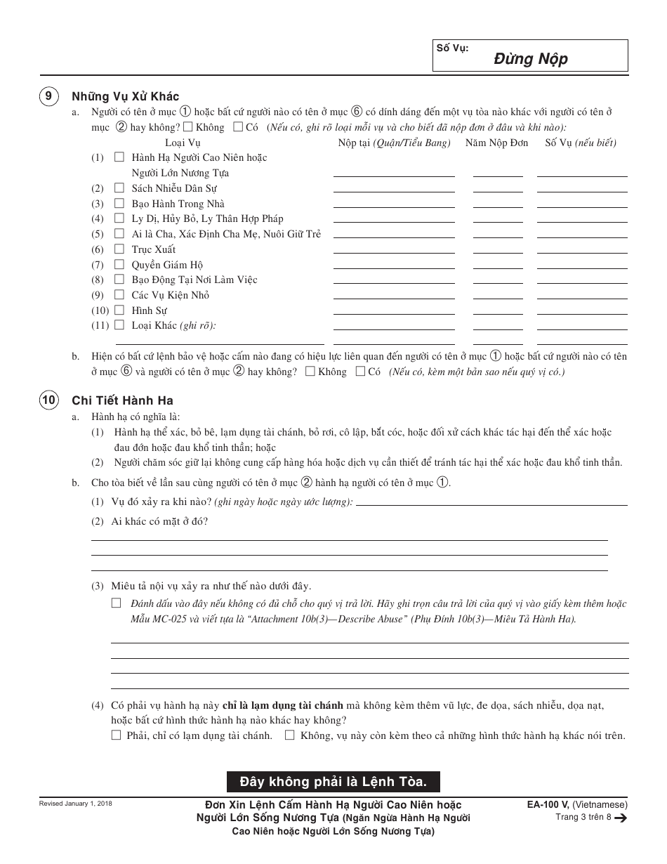 Form EA-100 V Request for Elder or Dependent Adult Abuse Restraining Orders - California (Vietnamese), Page 3
