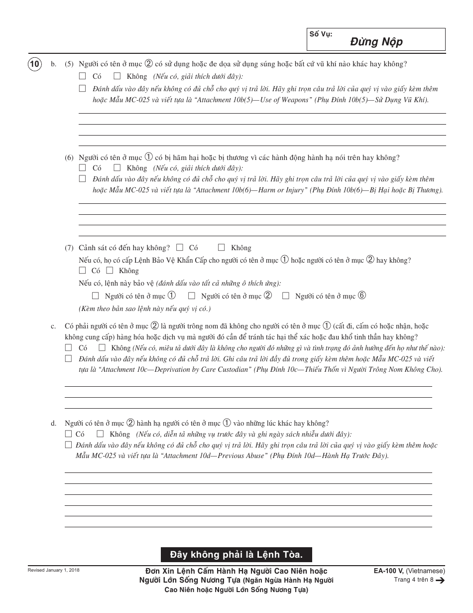 Form EA-100 V Request for Elder or Dependent Adult Abuse Restraining Orders - California (Vietnamese), Page 4