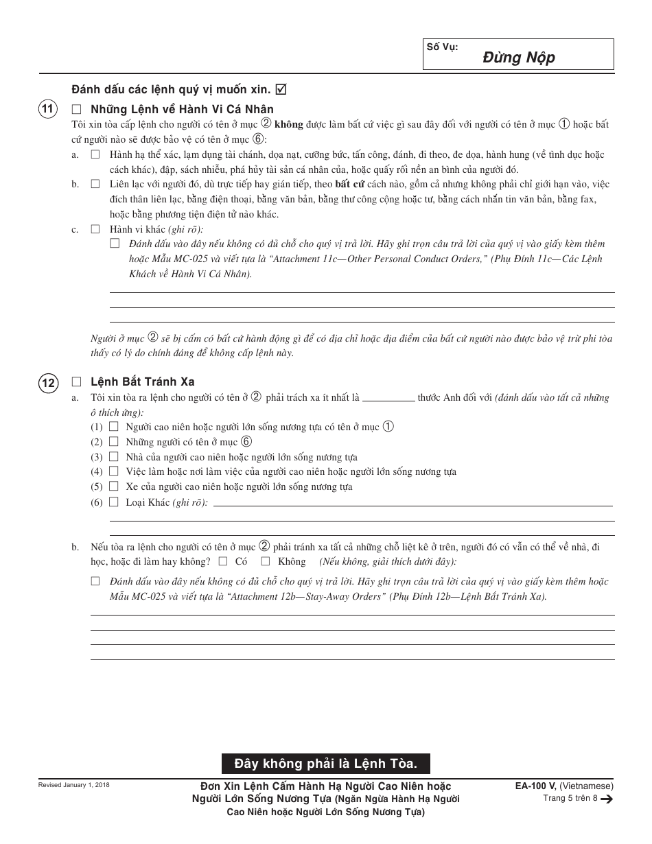 Form EA-100 V Request for Elder or Dependent Adult Abuse Restraining Orders - California (Vietnamese), Page 5