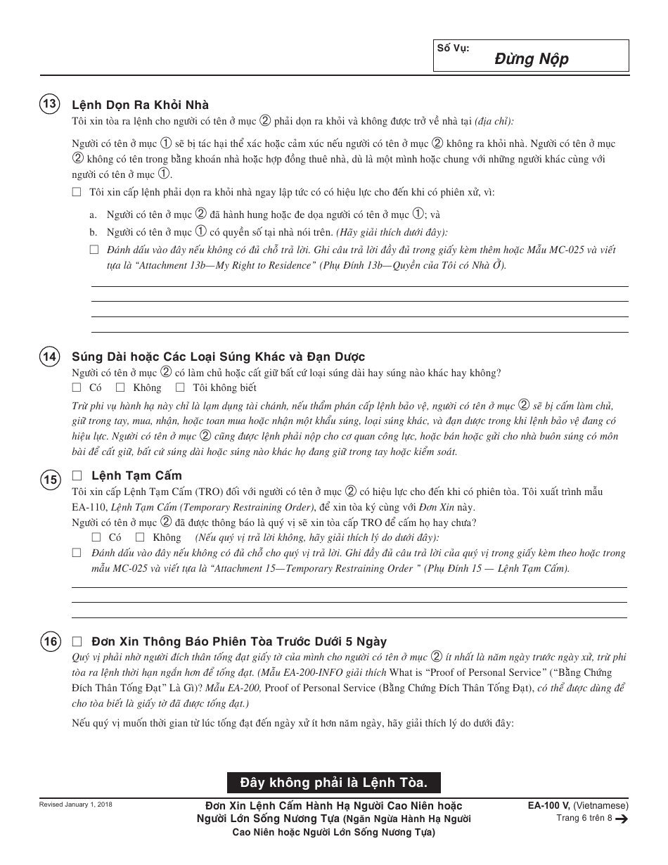 Form EA-100 V Request for Elder or Dependent Adult Abuse Restraining Orders - California (Vietnamese), Page 6