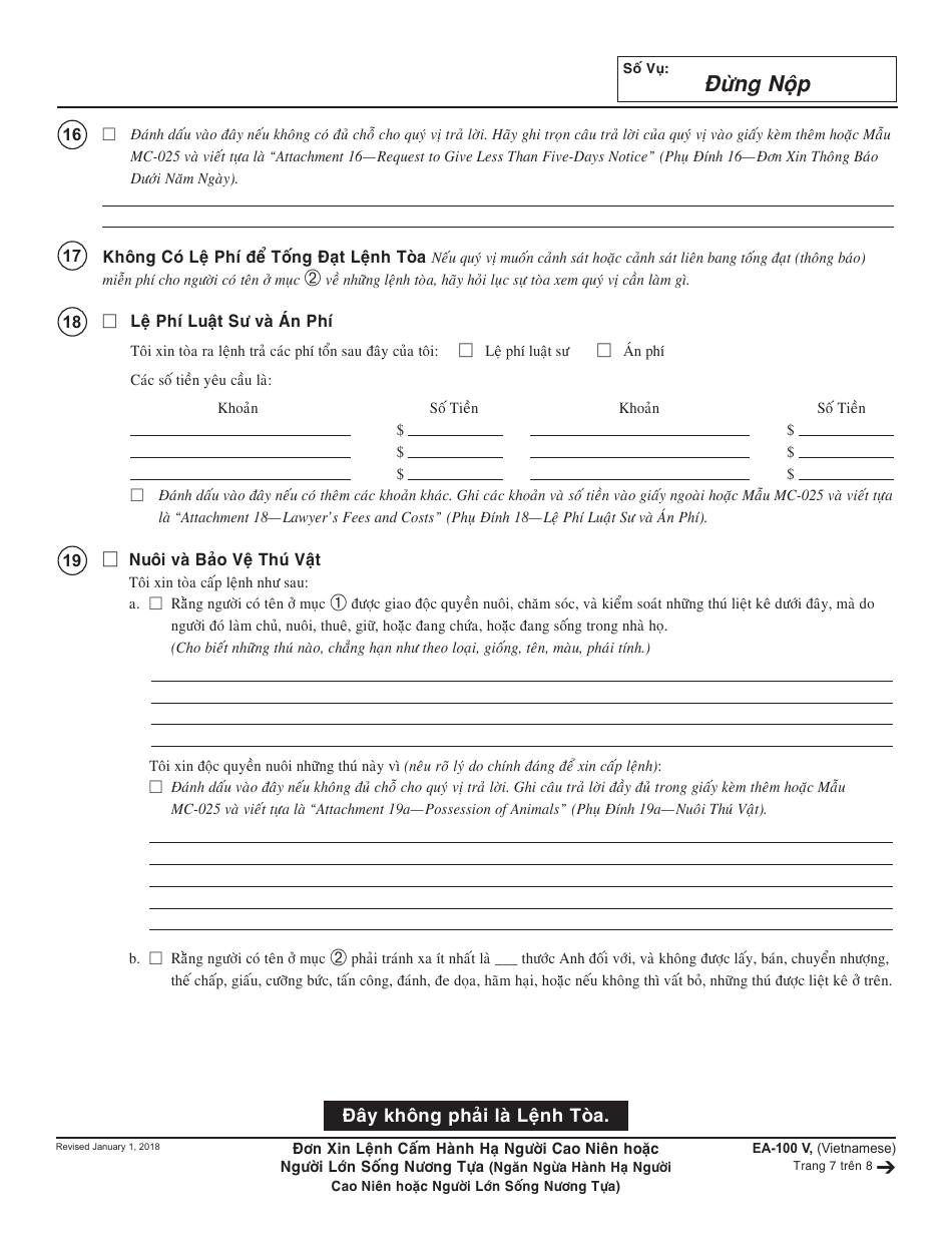 Form EA-100 V Request for Elder or Dependent Adult Abuse Restraining Orders - California (Vietnamese), Page 7