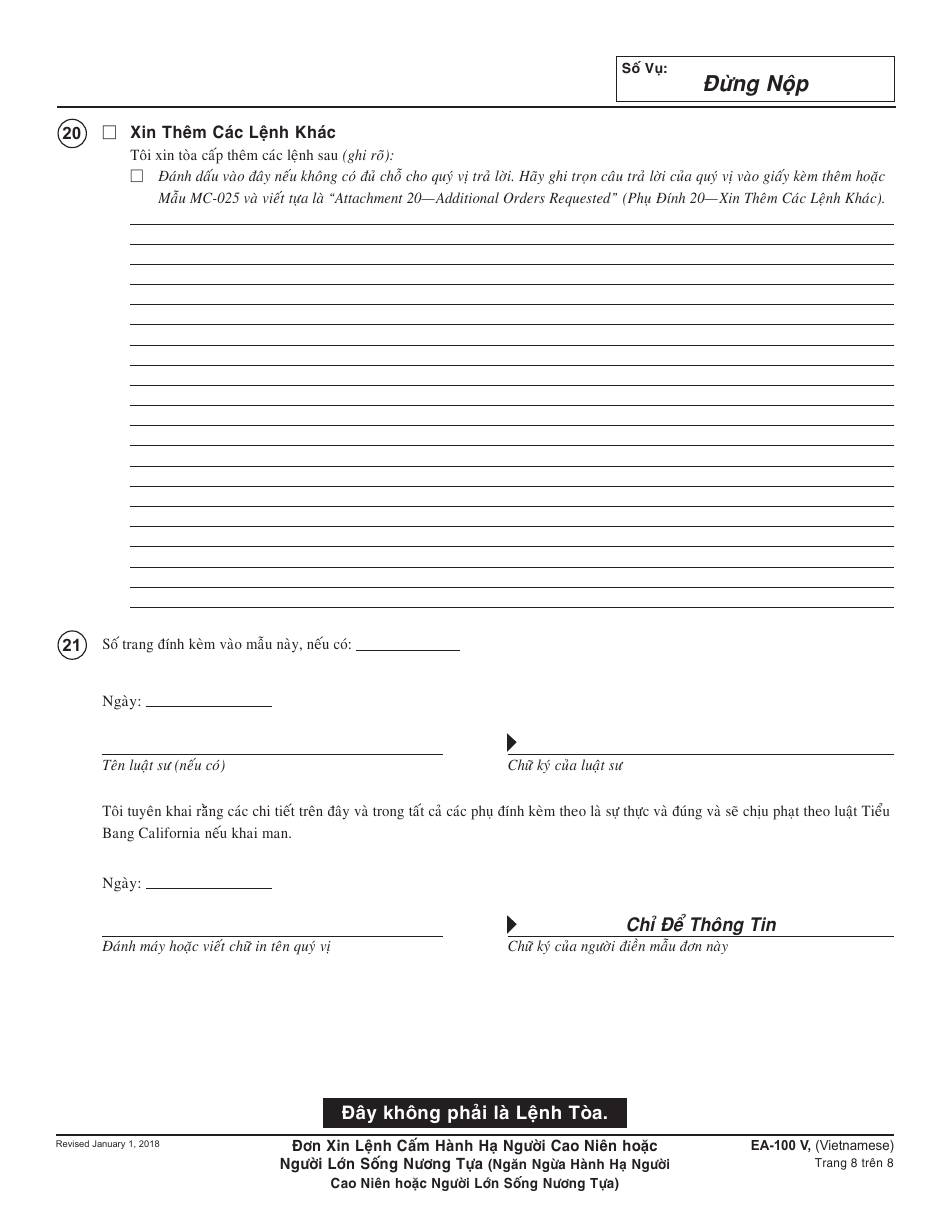 Form EA-100 V Request for Elder or Dependent Adult Abuse Restraining Orders - California (Vietnamese), Page 8