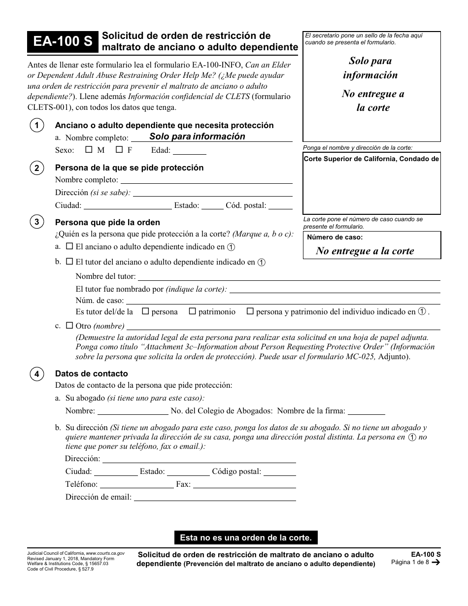 Formulario EA-100 S Solicitud De Orden De Restriccion De Maltrato De Anciano O Adulto Dependiente - California (Spanish), Page 1