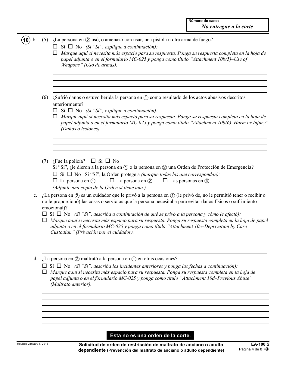 Formulario EA-100 S Solicitud De Orden De Restriccion De Maltrato De Anciano O Adulto Dependiente - California (Spanish), Page 4