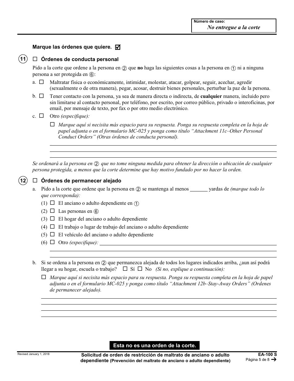 Formulario EA-100 S Solicitud De Orden De Restriccion De Maltrato De Anciano O Adulto Dependiente - California (Spanish), Page 5