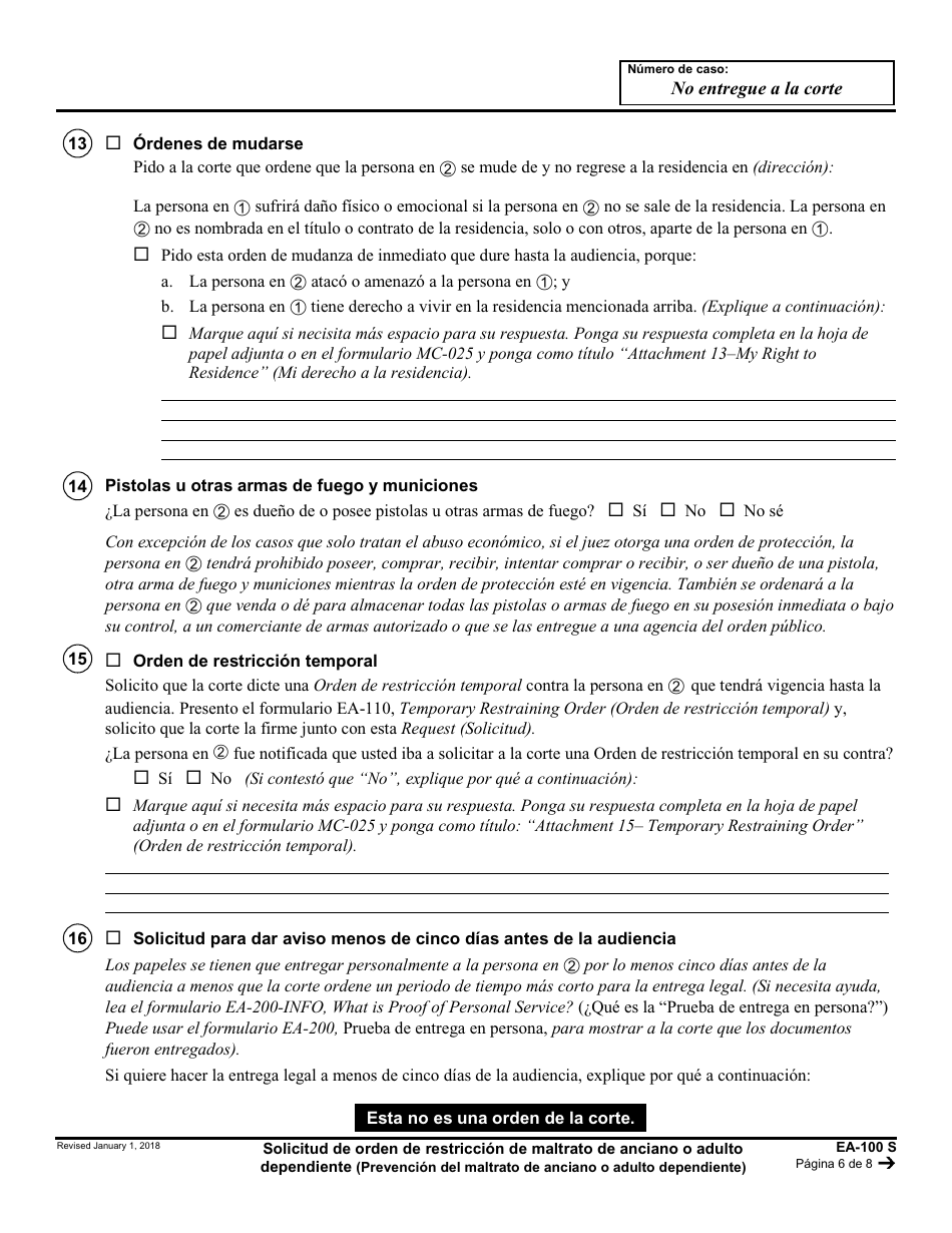 Formulario EA-100 S Solicitud De Orden De Restriccion De Maltrato De Anciano O Adulto Dependiente - California (Spanish), Page 6
