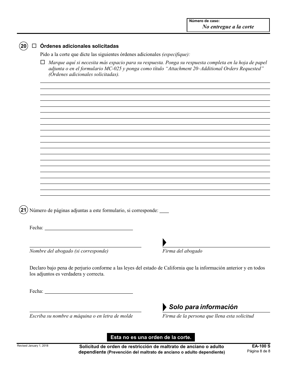 Formulario EA-100 S Solicitud De Orden De Restriccion De Maltrato De Anciano O Adulto Dependiente - California (Spanish), Page 8