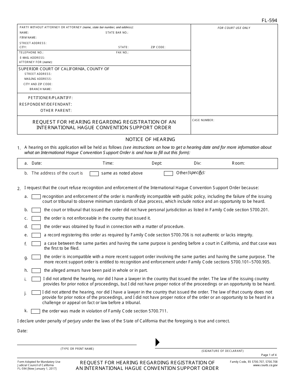 Form Fl 594 Download Fillable Pdf Or Fill Online Request For Heaing Regarding Registration Of An International Hague Convention Support Order California Templateroller