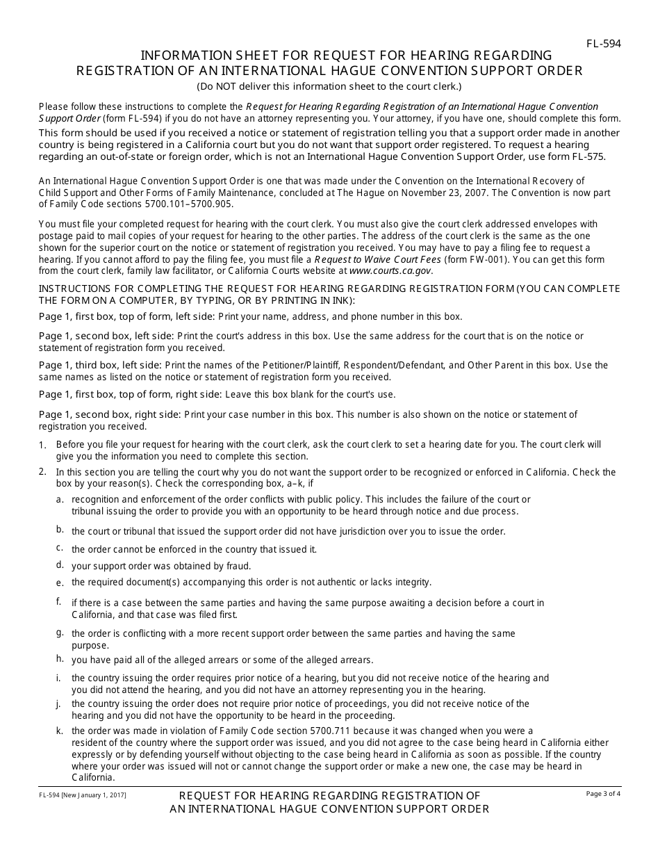 Form FL-594 Request for Heaing Regarding Registration of an International Hague Convention Support Order - California, Page 3