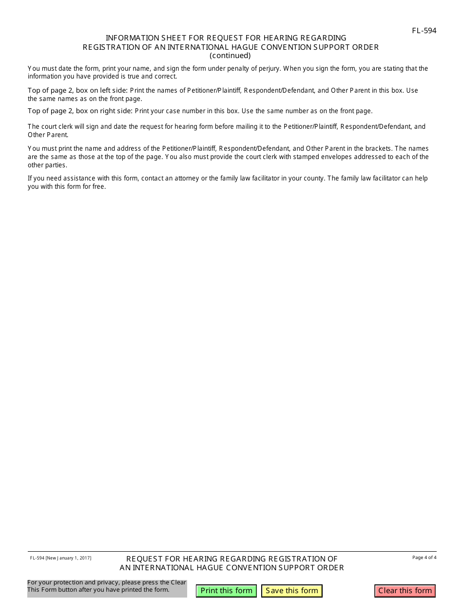 Form FL-594 Request for Heaing Regarding Registration of an International Hague Convention Support Order - California, Page 4
