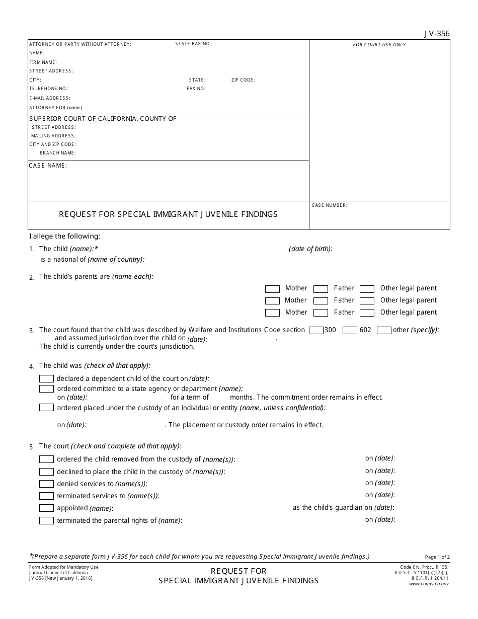 Form JV-356 Request for Special Immigrant Juvenile Findings - California, Page 1