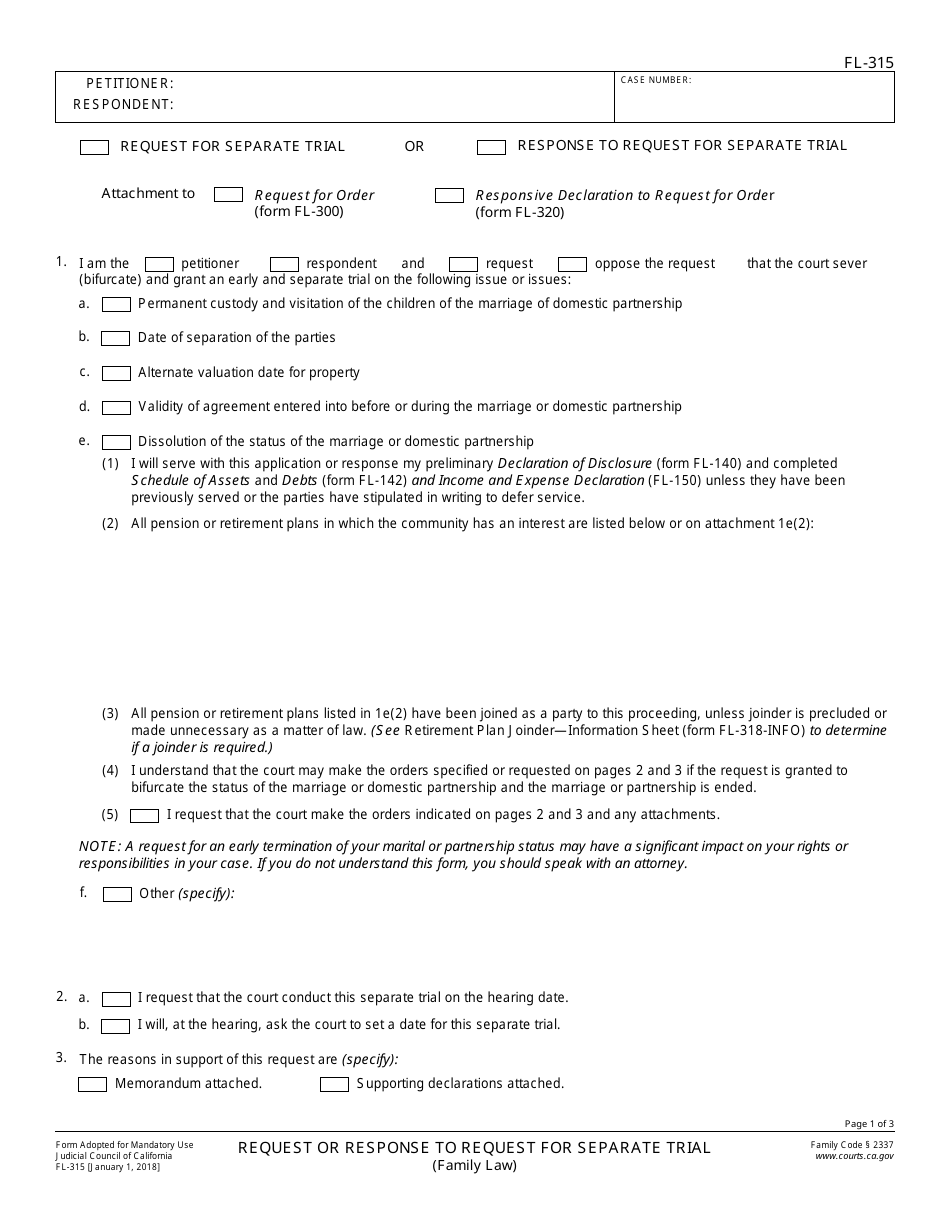 Form FL-315 Request or Response to Request for Separate Trial - California, Page 1