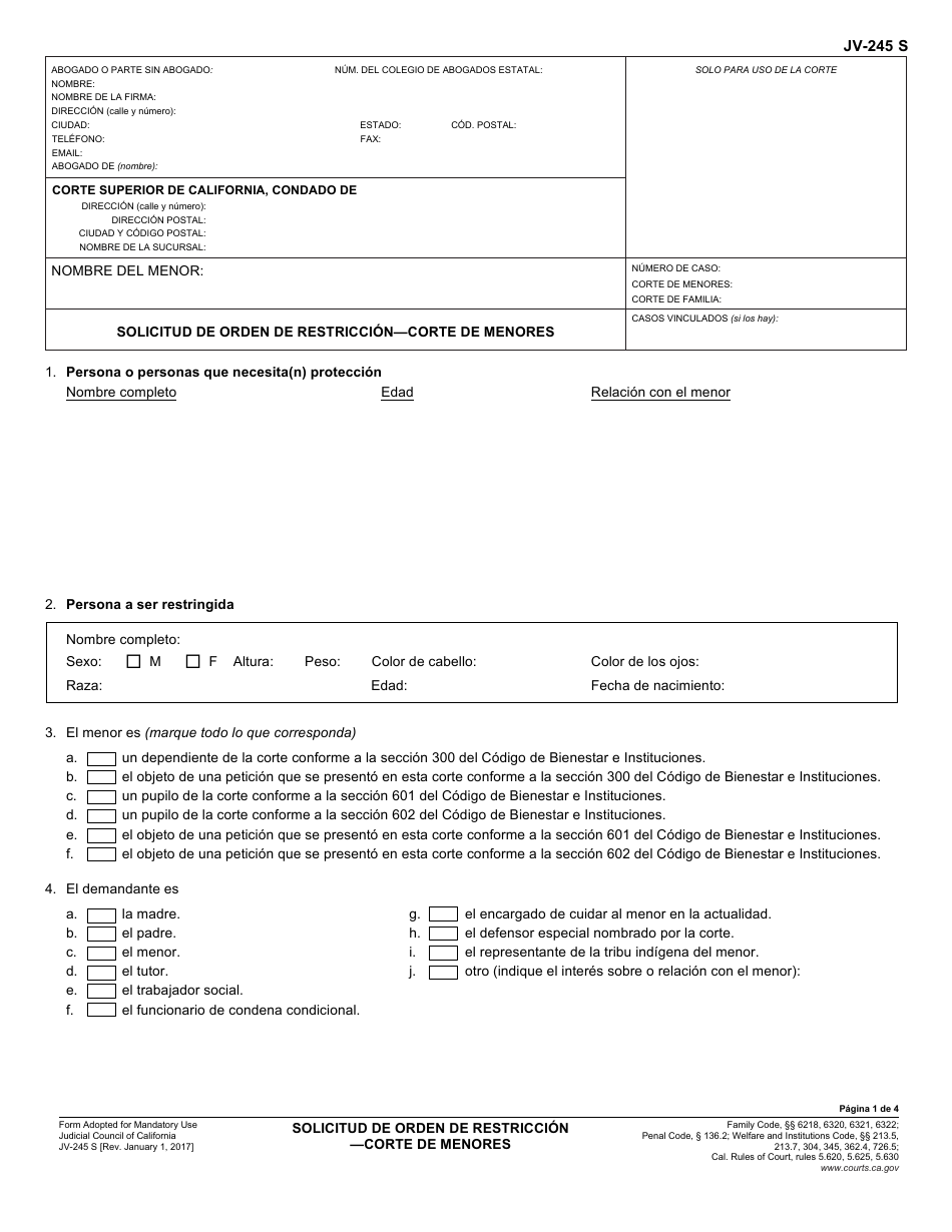 Formulario JV-245 S Solicitud De Orden De Restriccioncorte De Menores - California (Spanish), Page 1